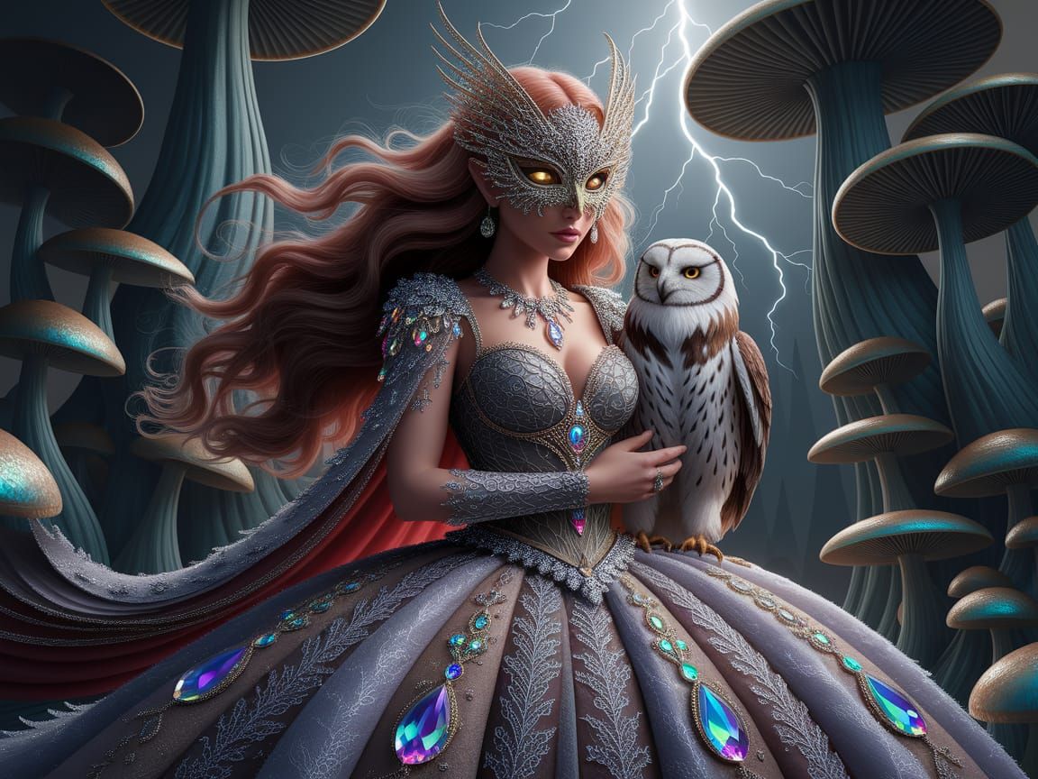 Majestic Fairy Woman with Owl Mask in Fantasy Forest