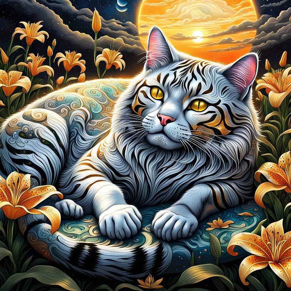 Silver and Gold Cat Sleeping Under Sunset