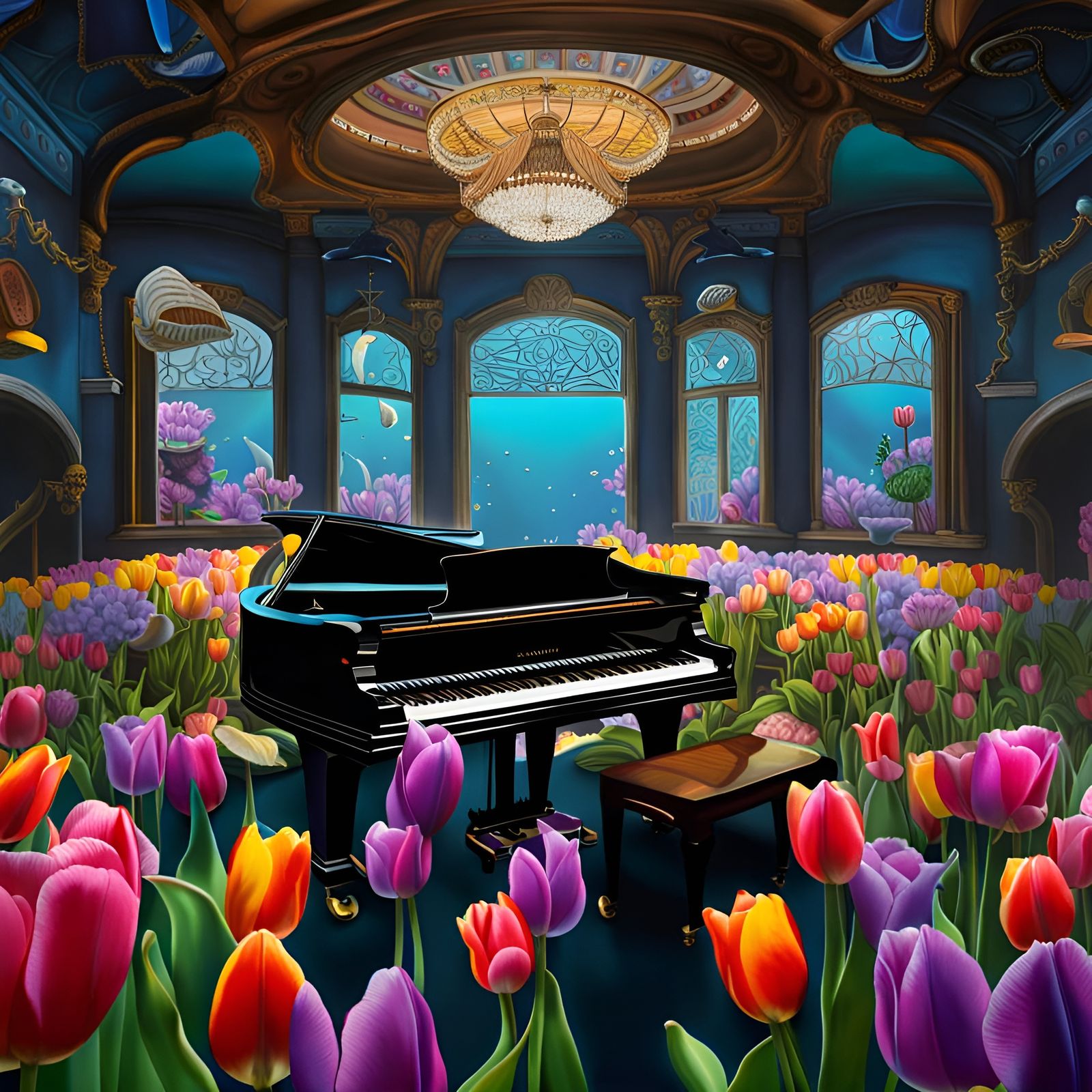 Underwater City Grand Piano and Tulips