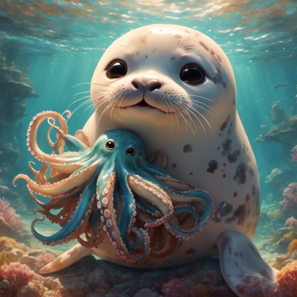 Seal Hugging Octopus Cartoon