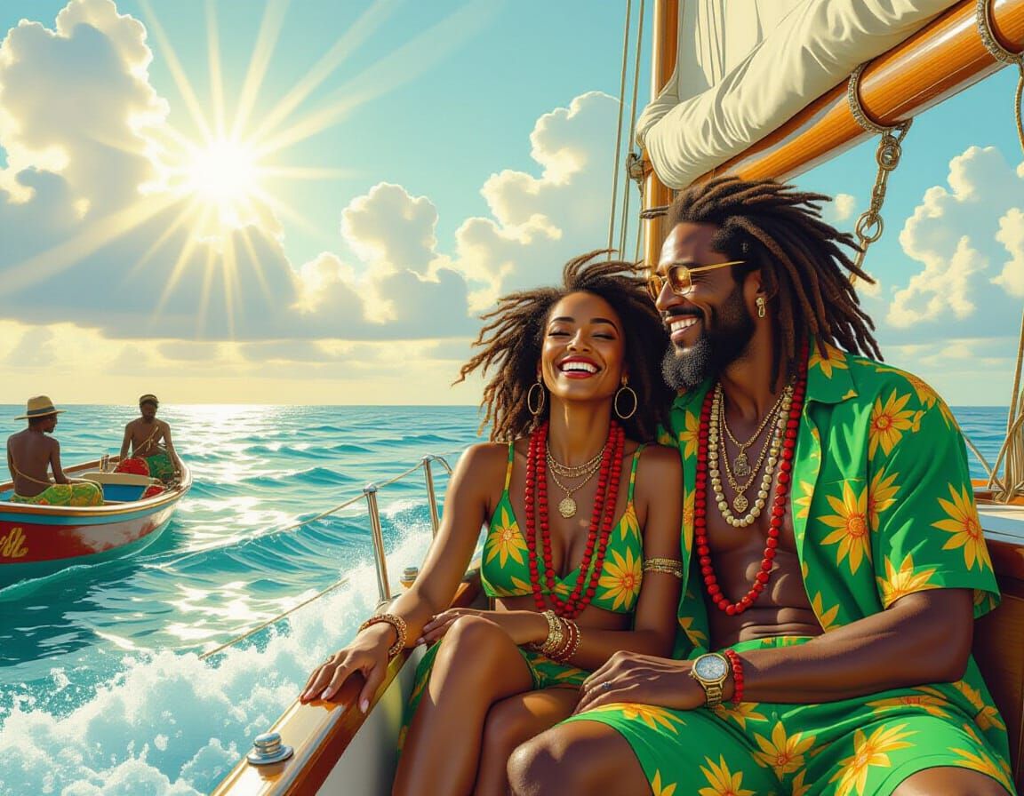 Joyful Rastafarian Couple on Jamaican Yacht
