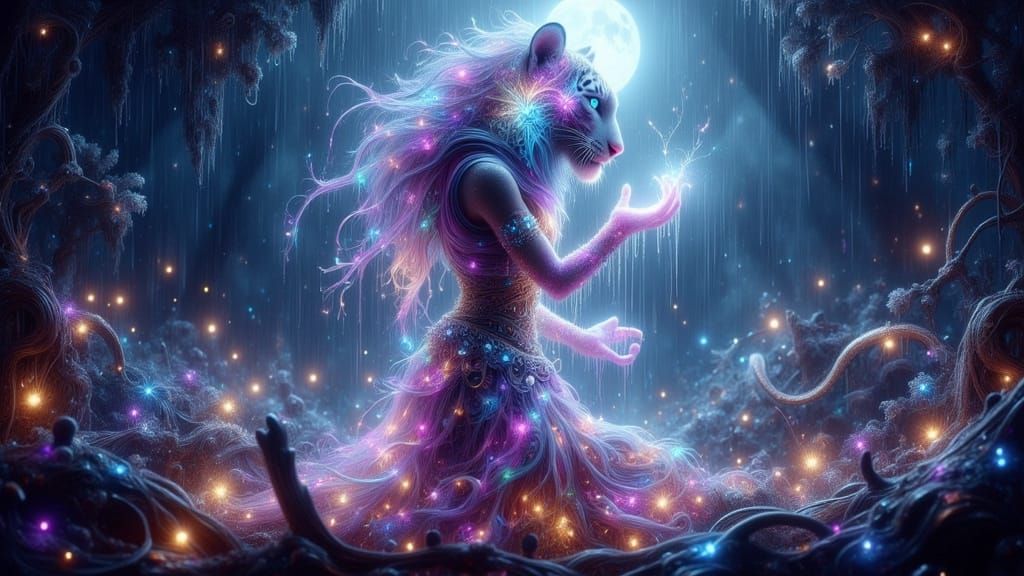 Majestic Tiger-Human Hybrid in Bioluminescent Forest