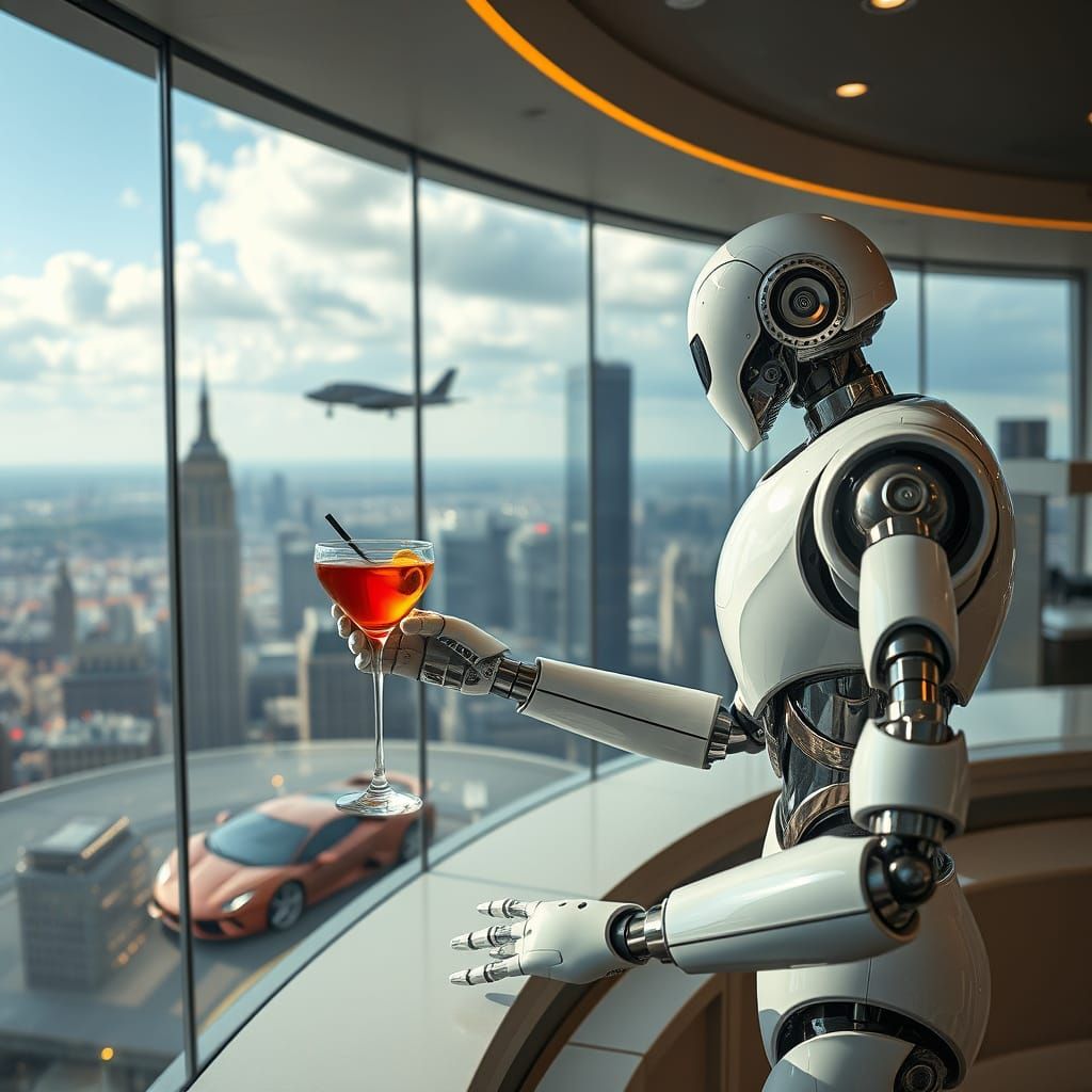 Robot Bartender Serves Drinks in Futuristic Cityscape