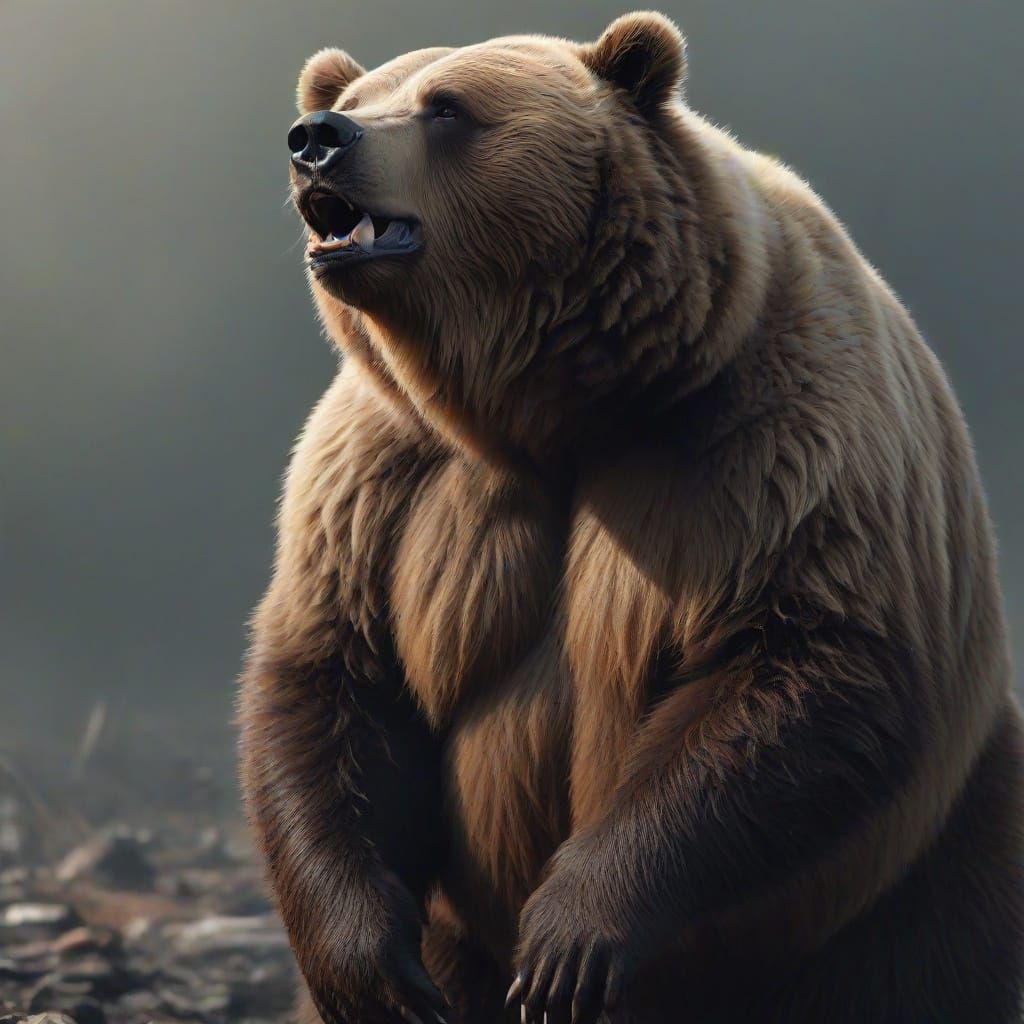 Obese Kodiak Bear on War Battlefield in Grunge Style