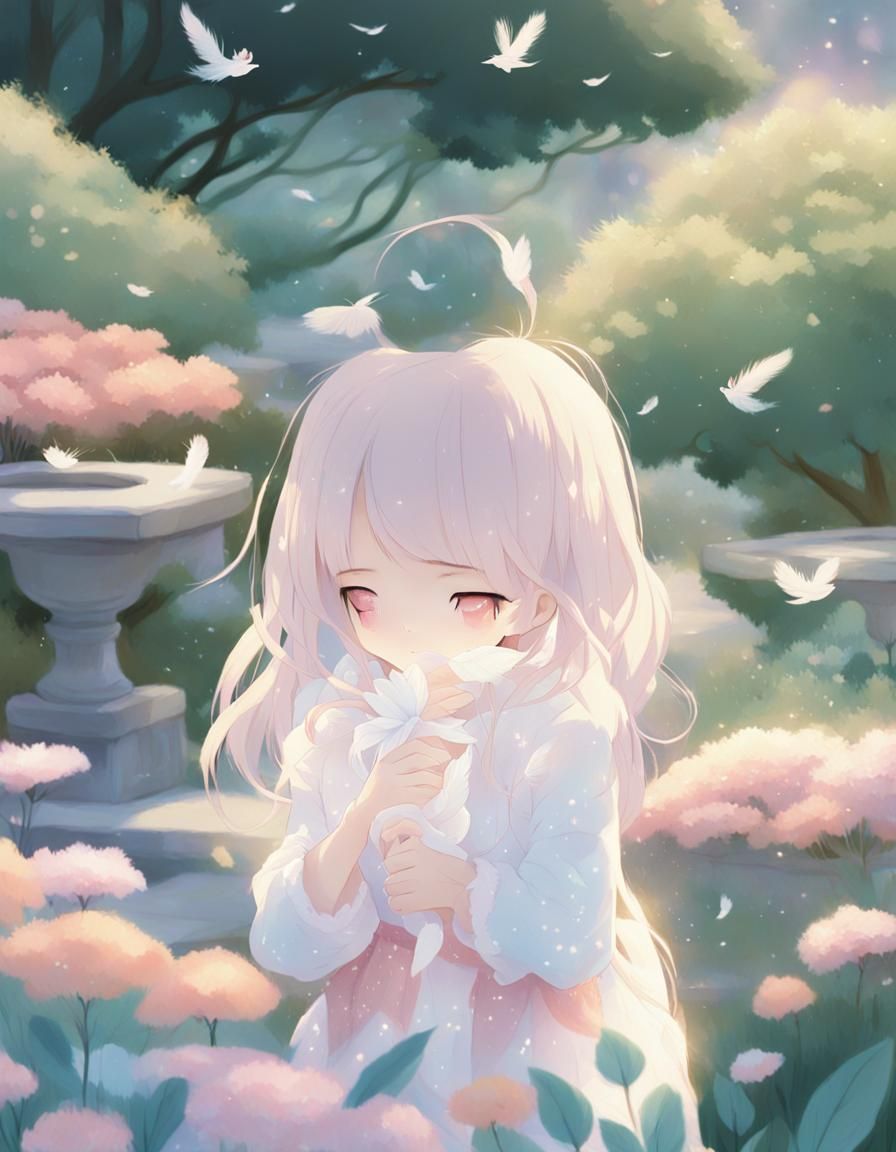 Anime Girl in Japanese Garden with Pastel Colors