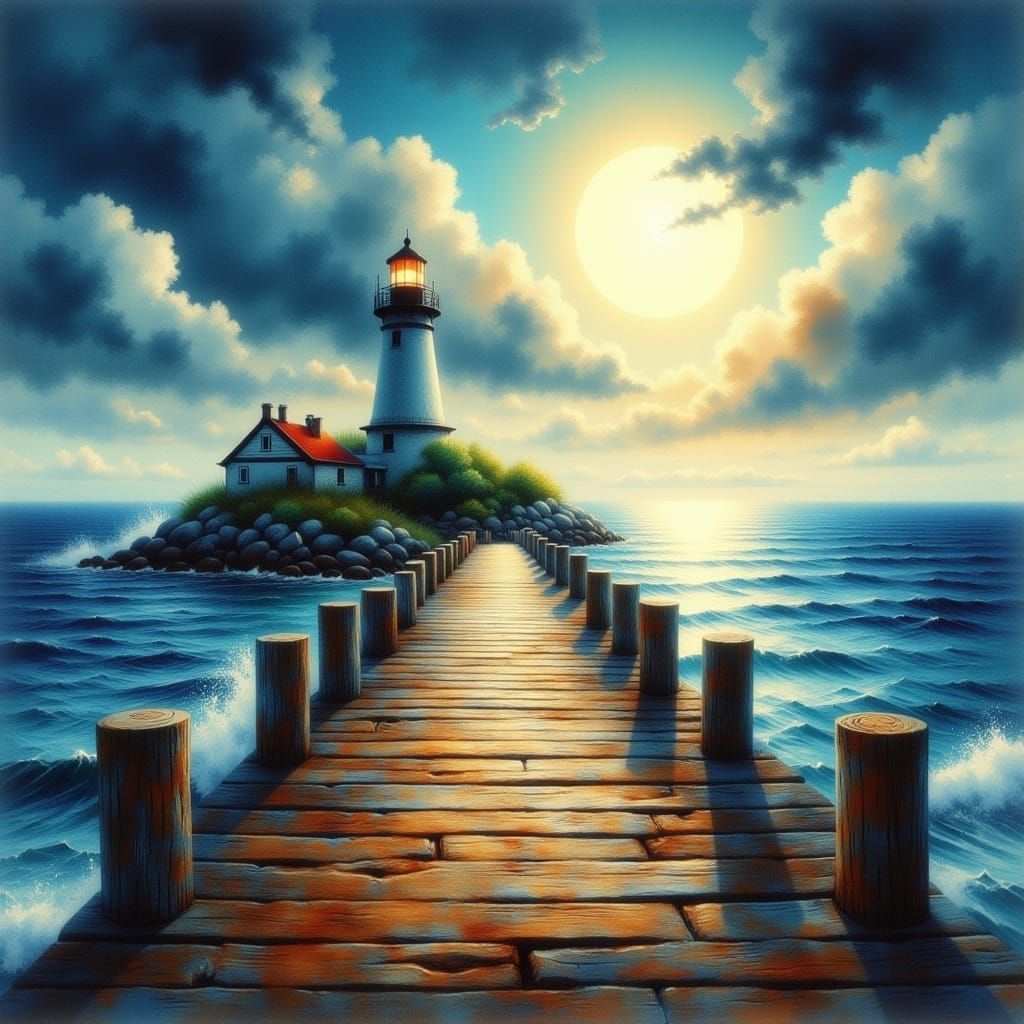 Seaside Dock at Night: Dreamy Blended Painting