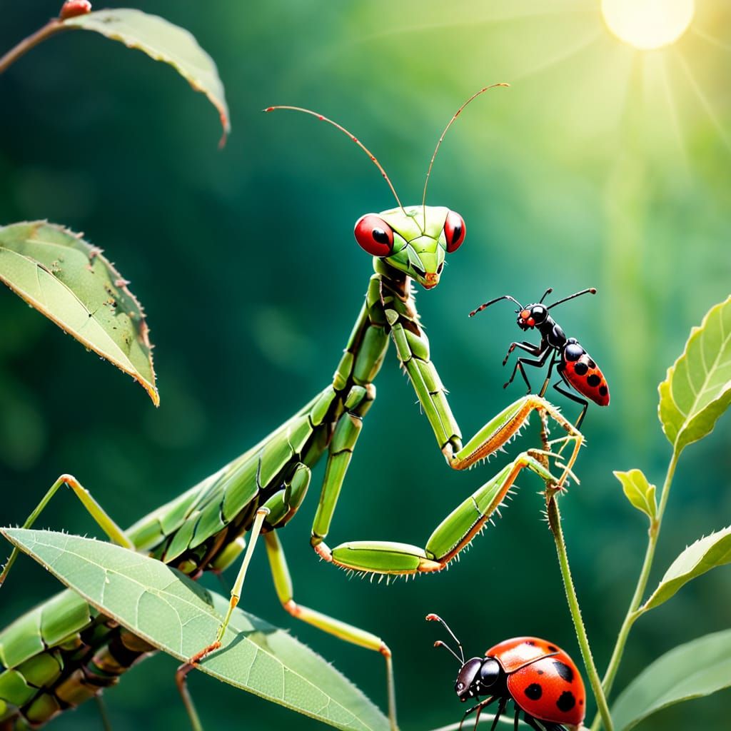 Preying Mantis and Ladybug Stalking Prey, Picture Book Style