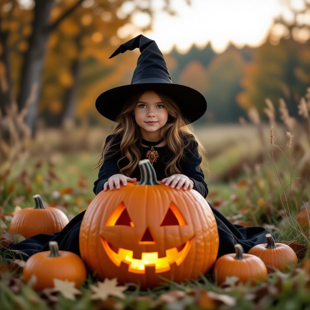 Enchanting Halloween: Sorceress in a Pumpkin Field