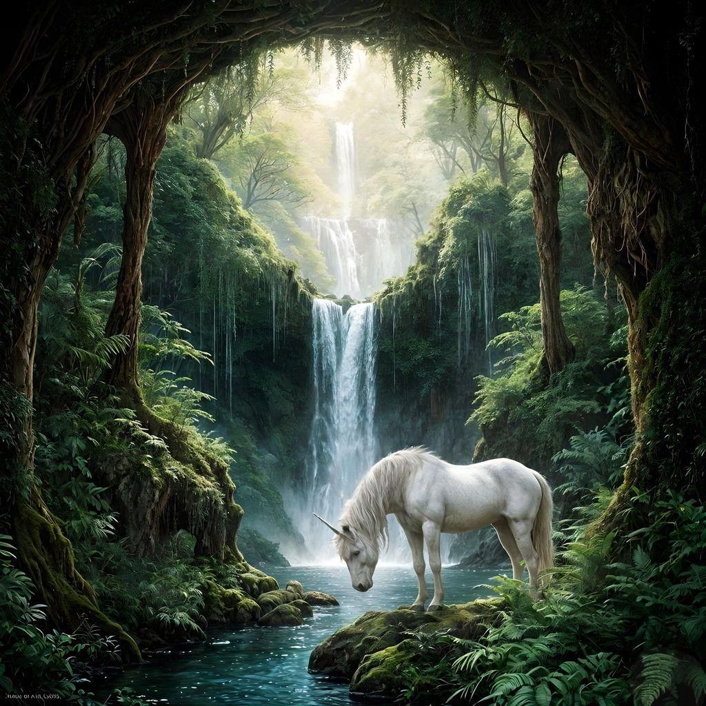 Unicorn in Magical Forest Grove, Art Nouveau