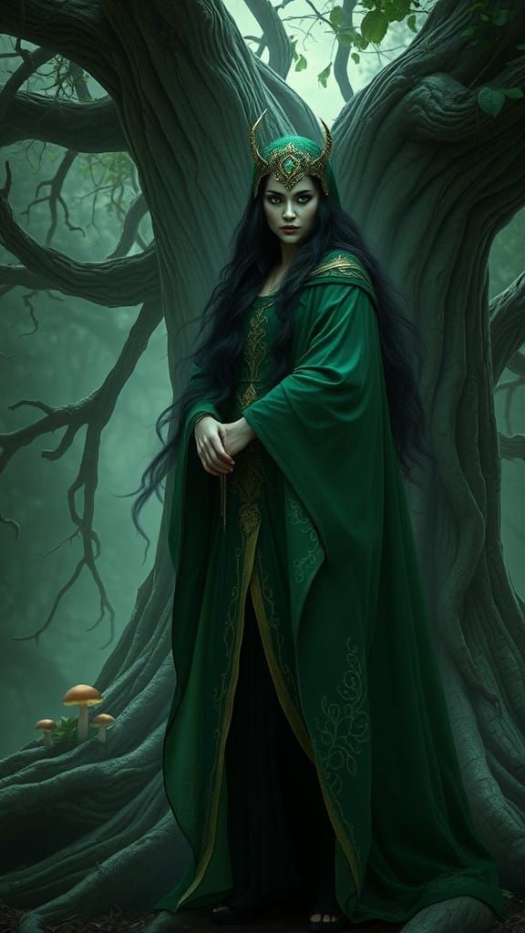 Ethereal Askafroa Goddess Amidst Ancient Ash Tree Roots