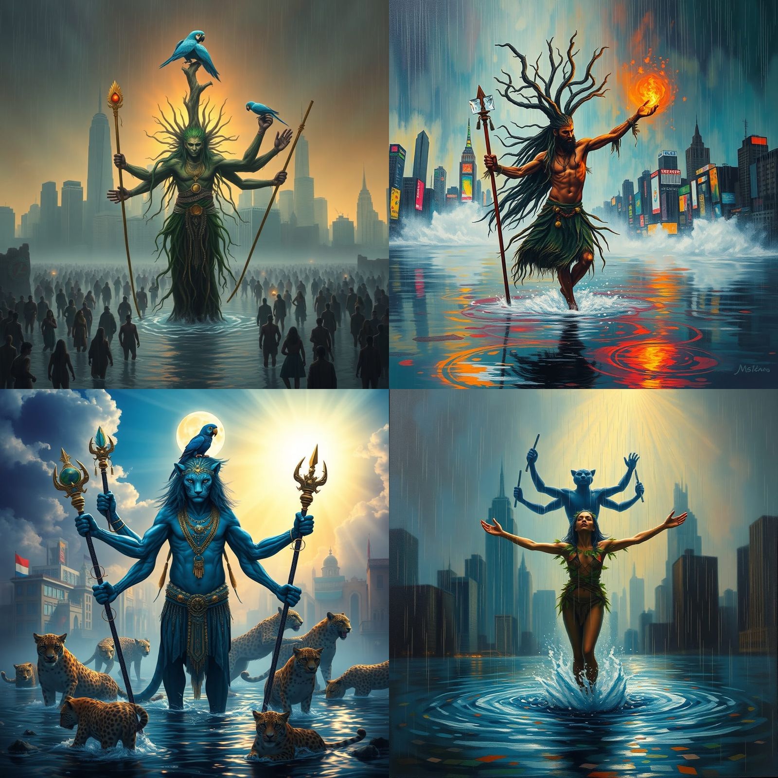 Surreal Leopard Shaman in Flooded Cityscape