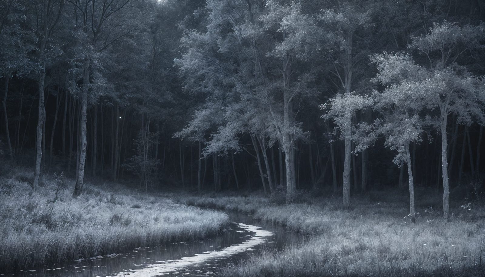 Moonlit Creek with Silver Poplars