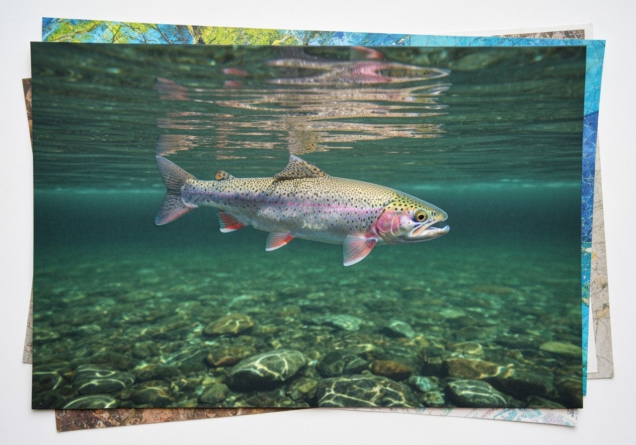 Trout Swimming in River: Mixed Media Collage Overhead View