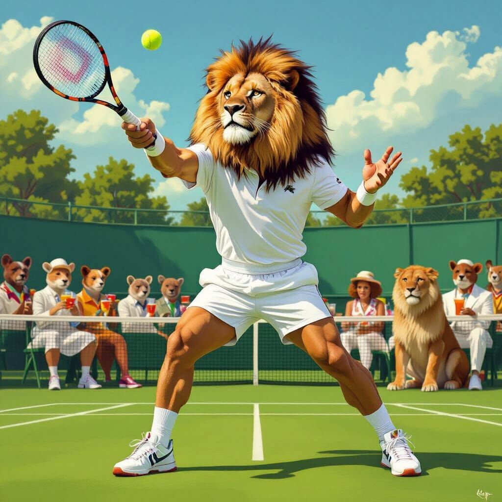 Lion Tennis Star in Hyperrealistic Art Nouveau Style