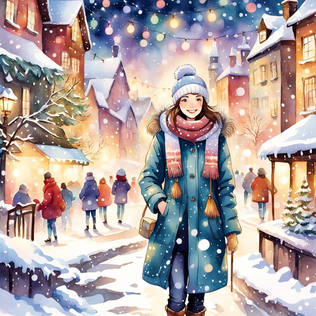 Dreamy Watercolor Winter Scene with a Joyful Woman and Carni...