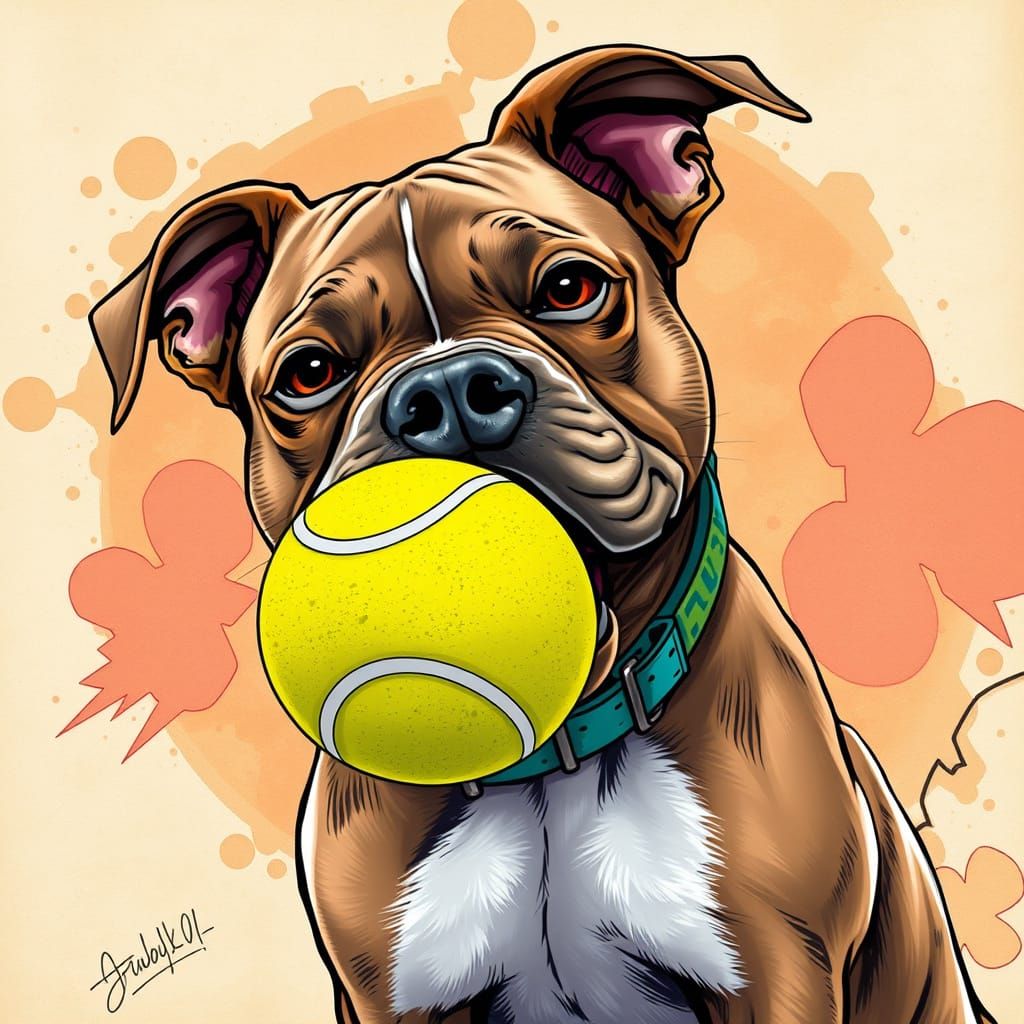 Pit Bull Puppy with Tennis Ball in Comic Book Style