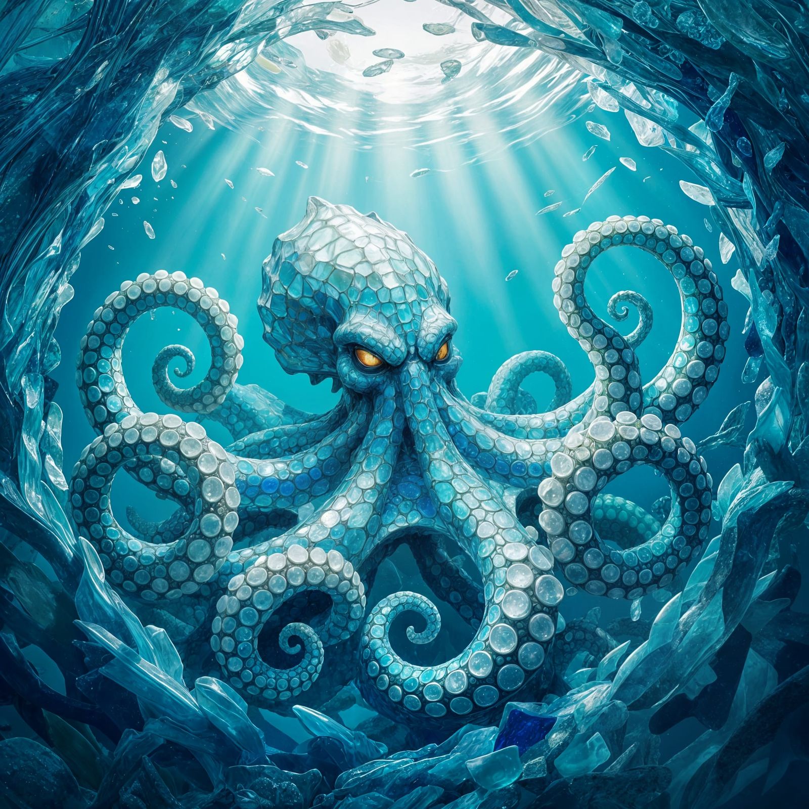 Sea Glass Kraken Sculpture in Swirling Vortex