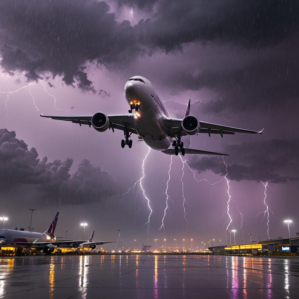 Dramatic Plane Takeoff in Rainy Storm, Matte Painting