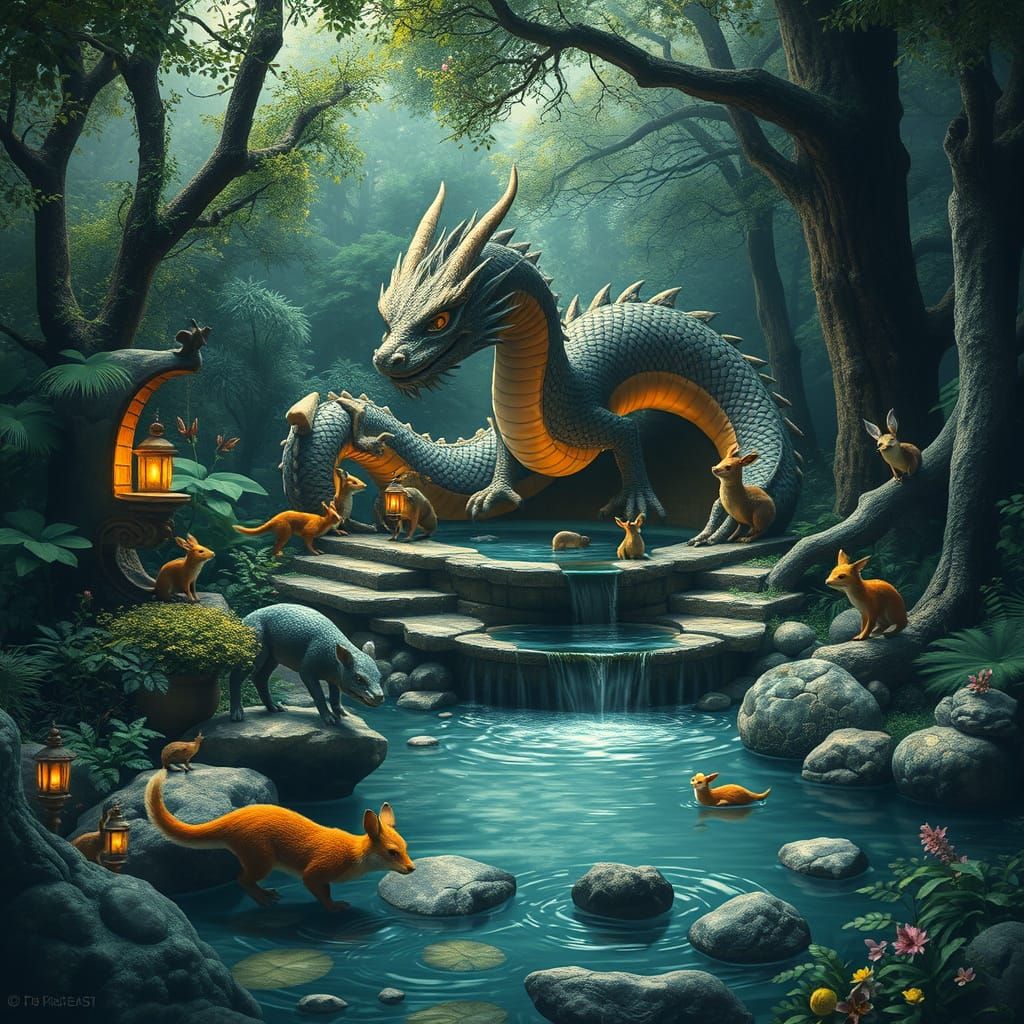 Dragon Fountain in Lush Forest: Fantastical Realism