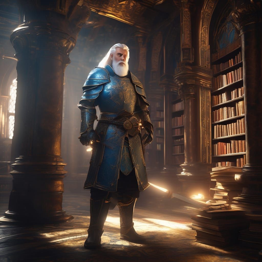 Rune Knight in Library with Floating Magical Runes