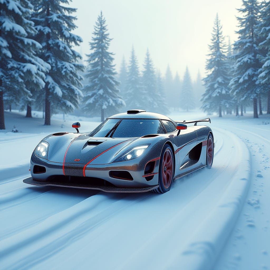 Sleek Sports Car Speeds Through Frosty Winter Wonderland
