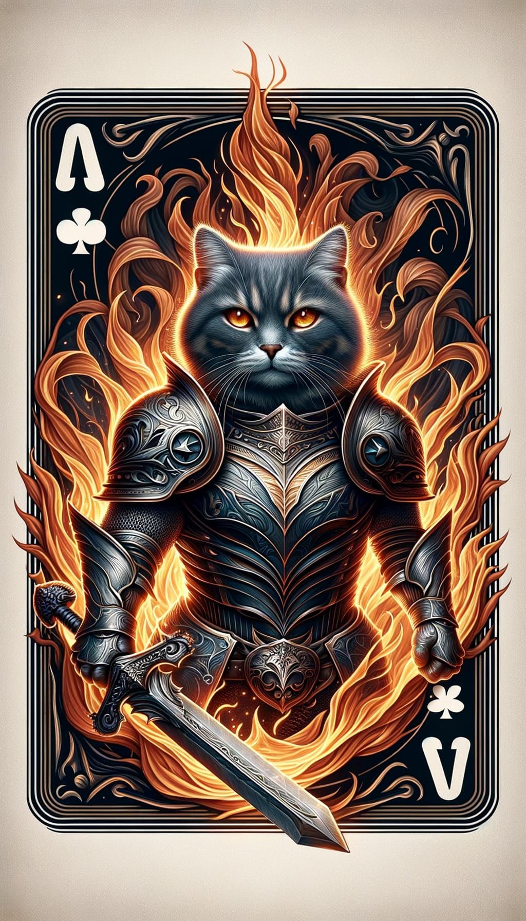 Armored Cat Warrior as Vintage Playing Card