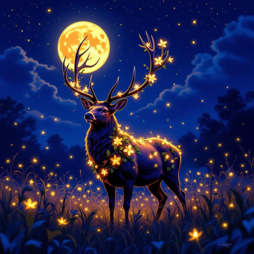 Floral Stag in Moonlit Meadow, Dark Fantasy Style