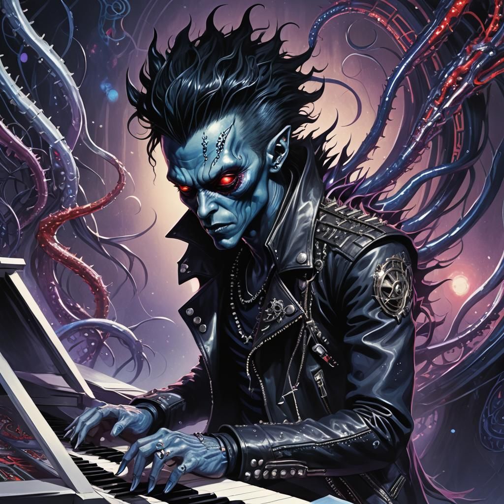 Alien Rocker Plays Piano in Dark Fantasy Style