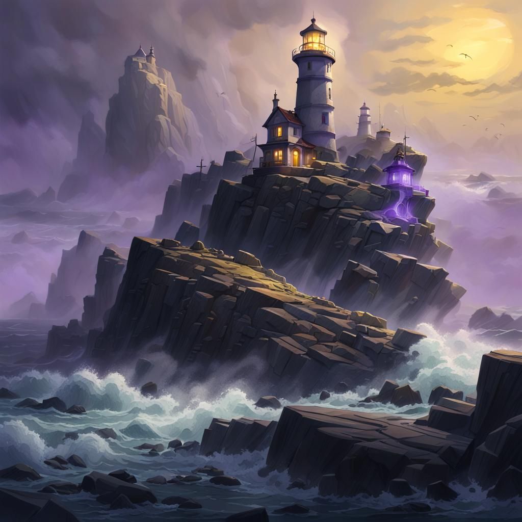 Mystical Lighthouse on Rocky Coast, Fantasy Art