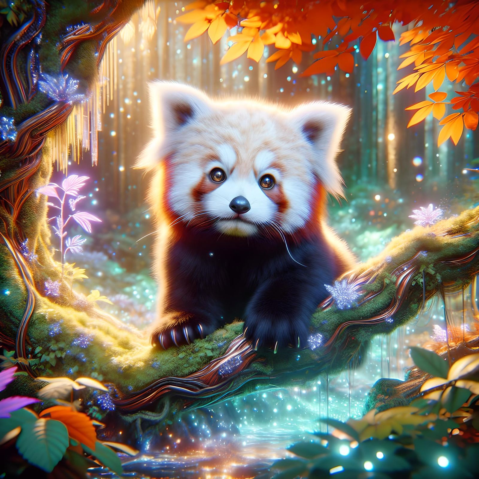Baby Red Panda in Fantasy Cyberpunk Forest