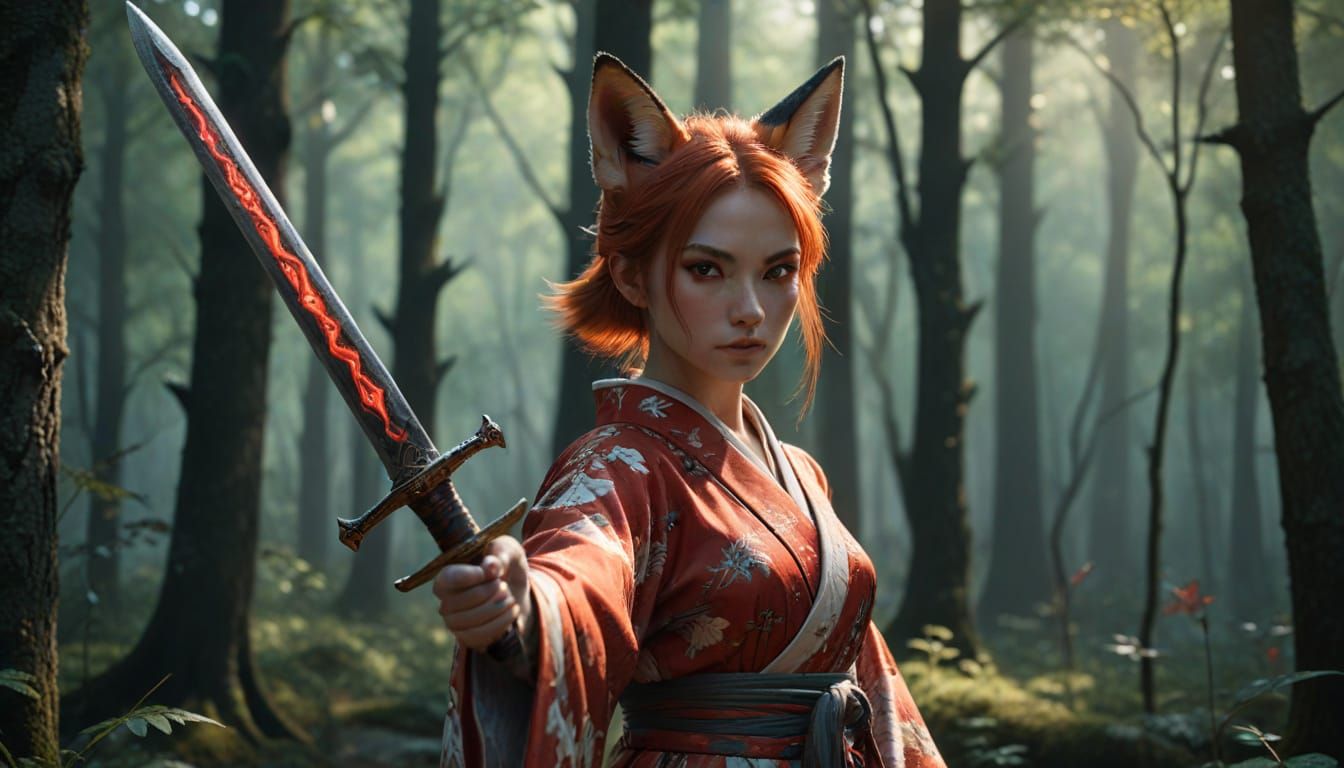 Ethereal Fox-Eared Maiden in Vibrant High Fantasy Setting