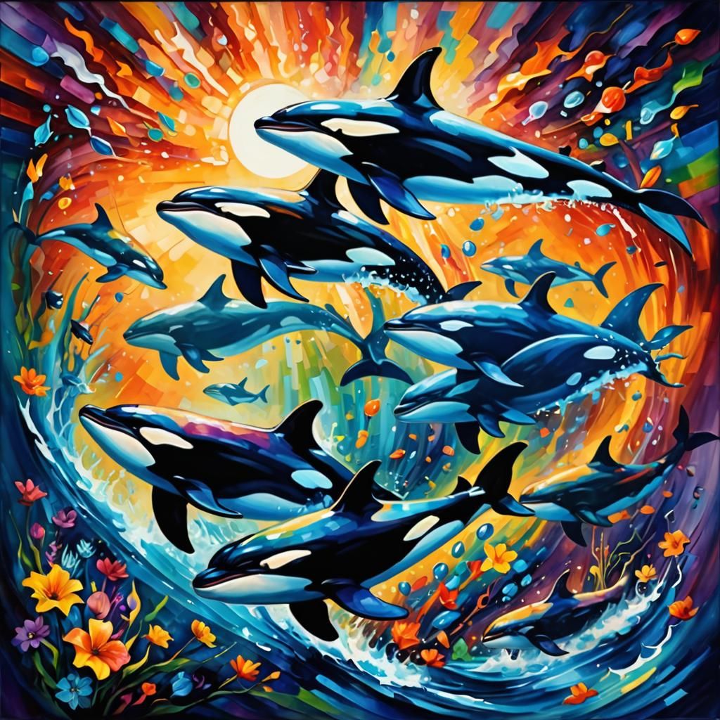Iridescent Orca Pod in Psychedelic Art Style