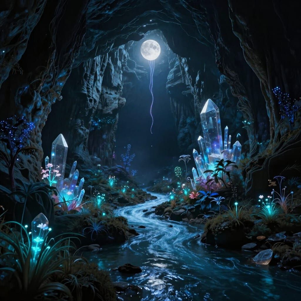 Ethereal Cavern Landscape with Bioluminescent Flora