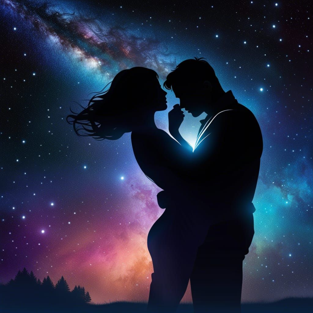 Silhouettes Hugging Under Cosmic Night Sky