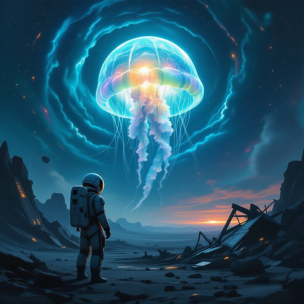 Astronaut and Bioluminescent Jellyfish on Alien Planet