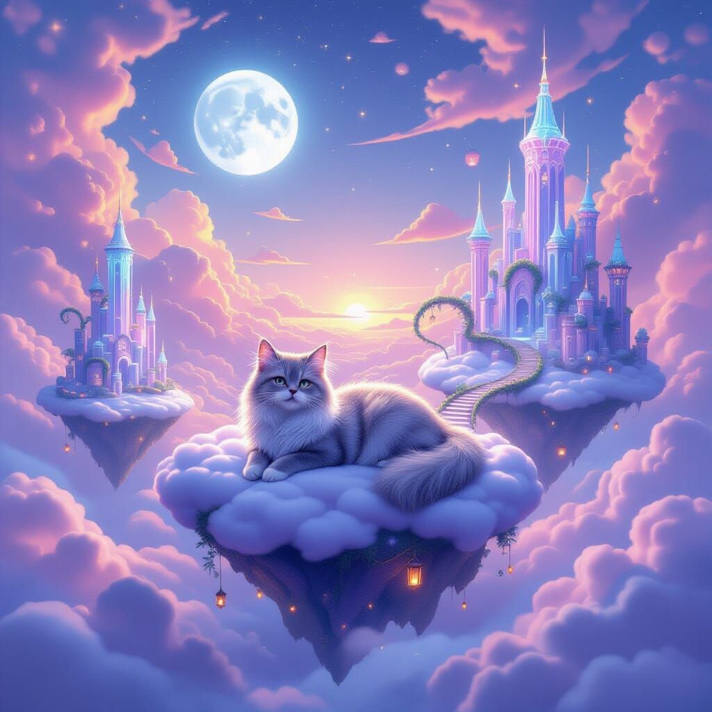 Cat on Floating Island in Pastel Dreamscape