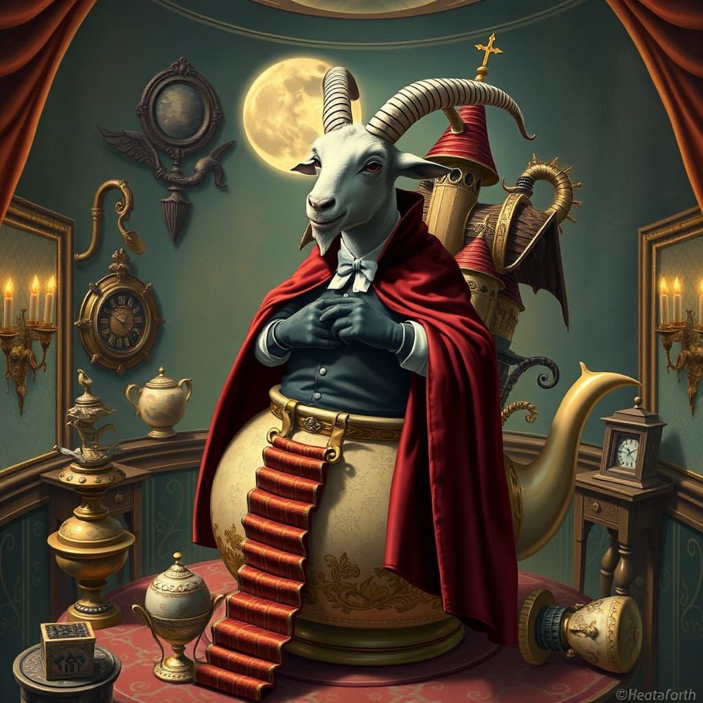 Goat Faints in Teapot Mansion, Whimsical Art