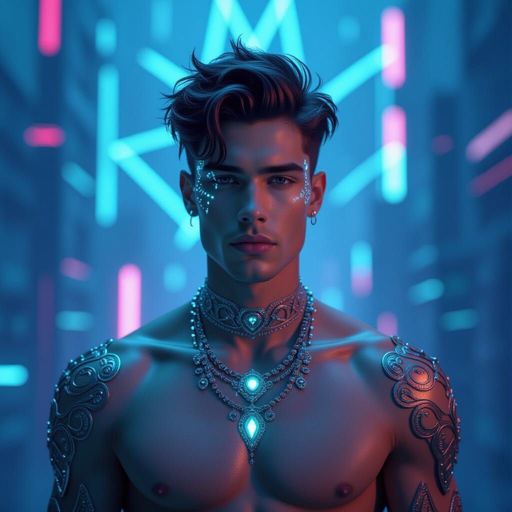 Iridescent Man in Cyberpunk Cityscape