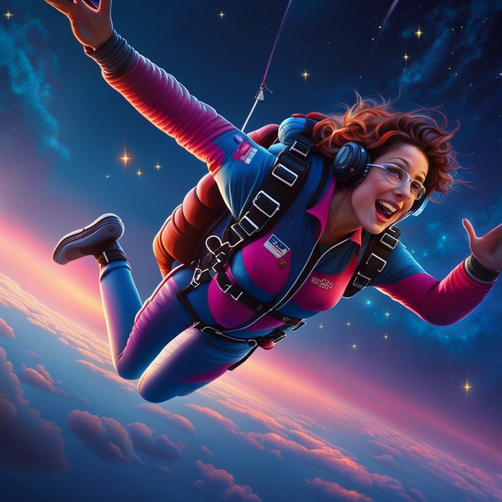 Woman Skydiving at Night in Hyperrealistic Style