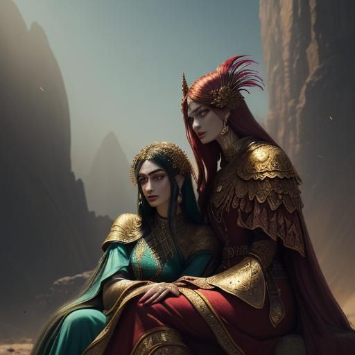 Fantasy Women Portrait with Peacock Feathers, Oil Painting