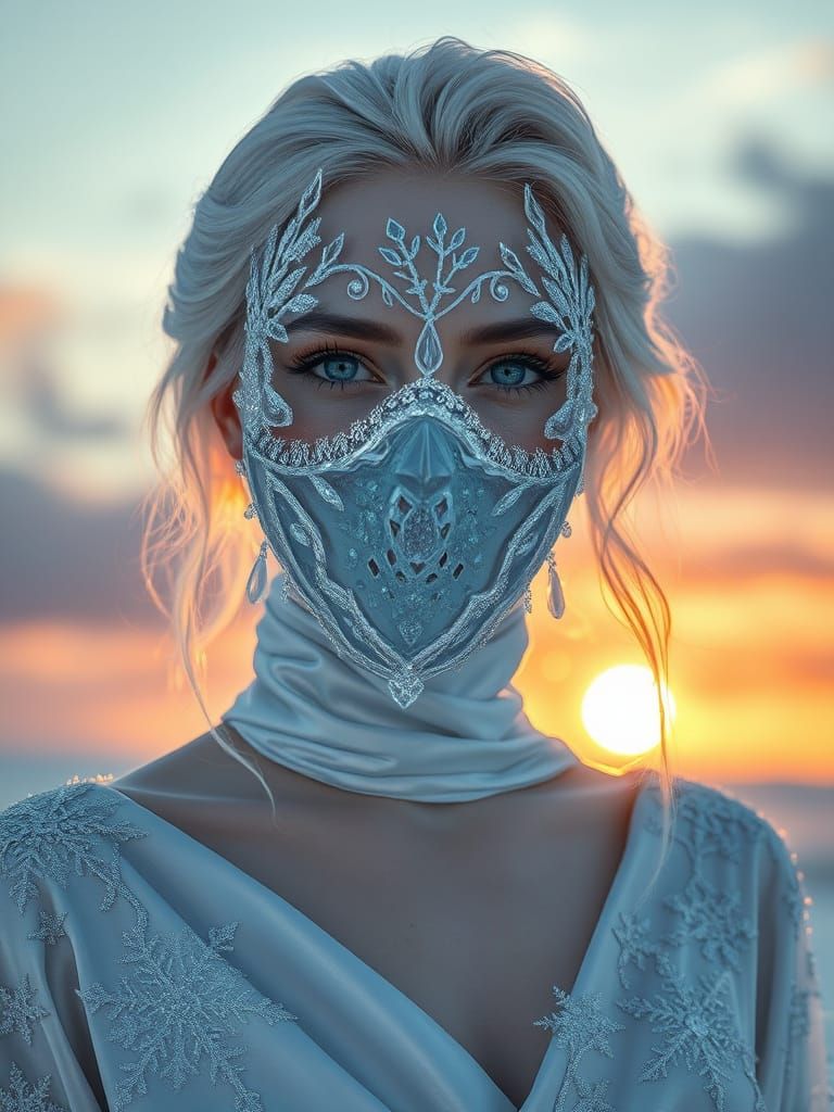 Icy Woman Portrait with Fractal Mask and Silver Gown