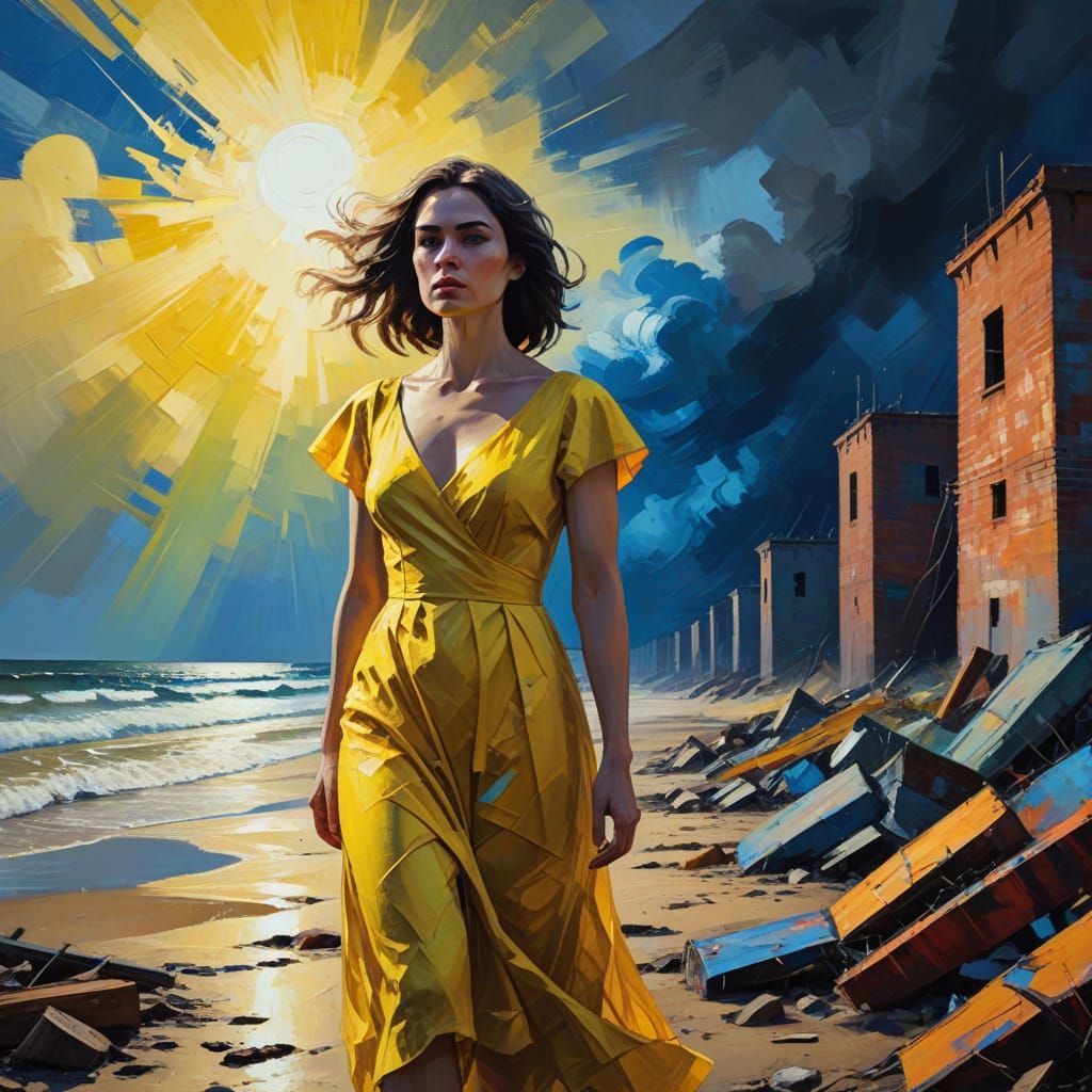 Vibrant Fauvist Beach Scene with Moody Sky