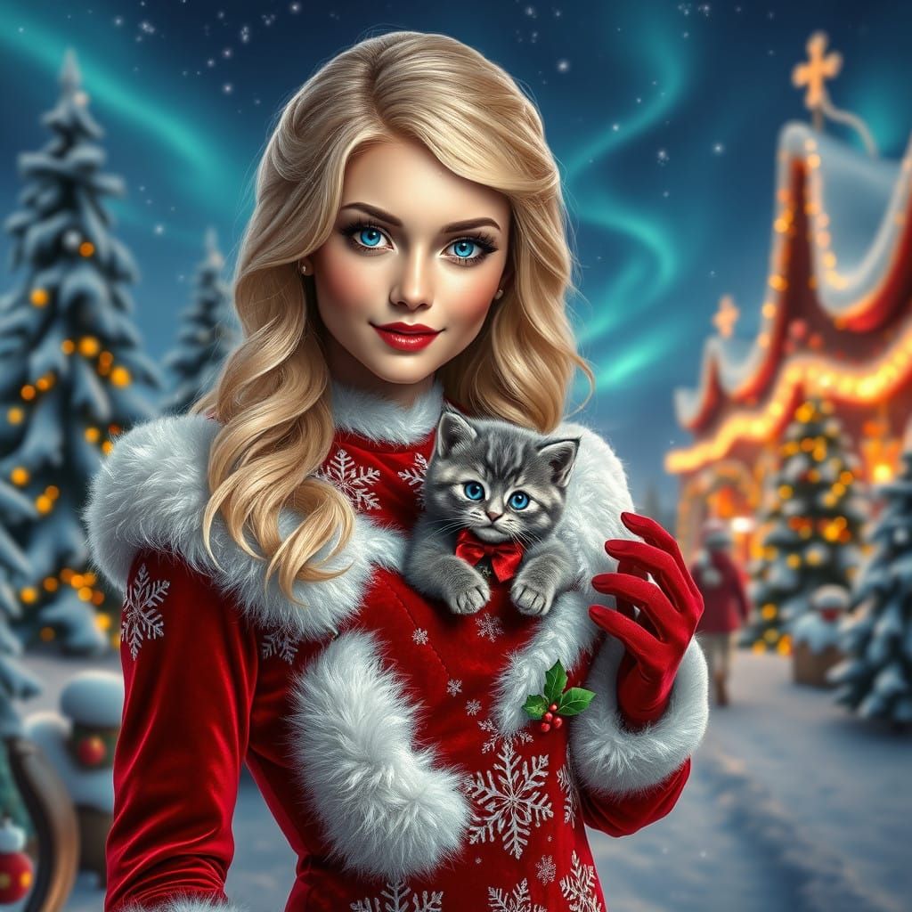 Enchanted Christmas Scene with Stunning Blonde Woman and Ado...