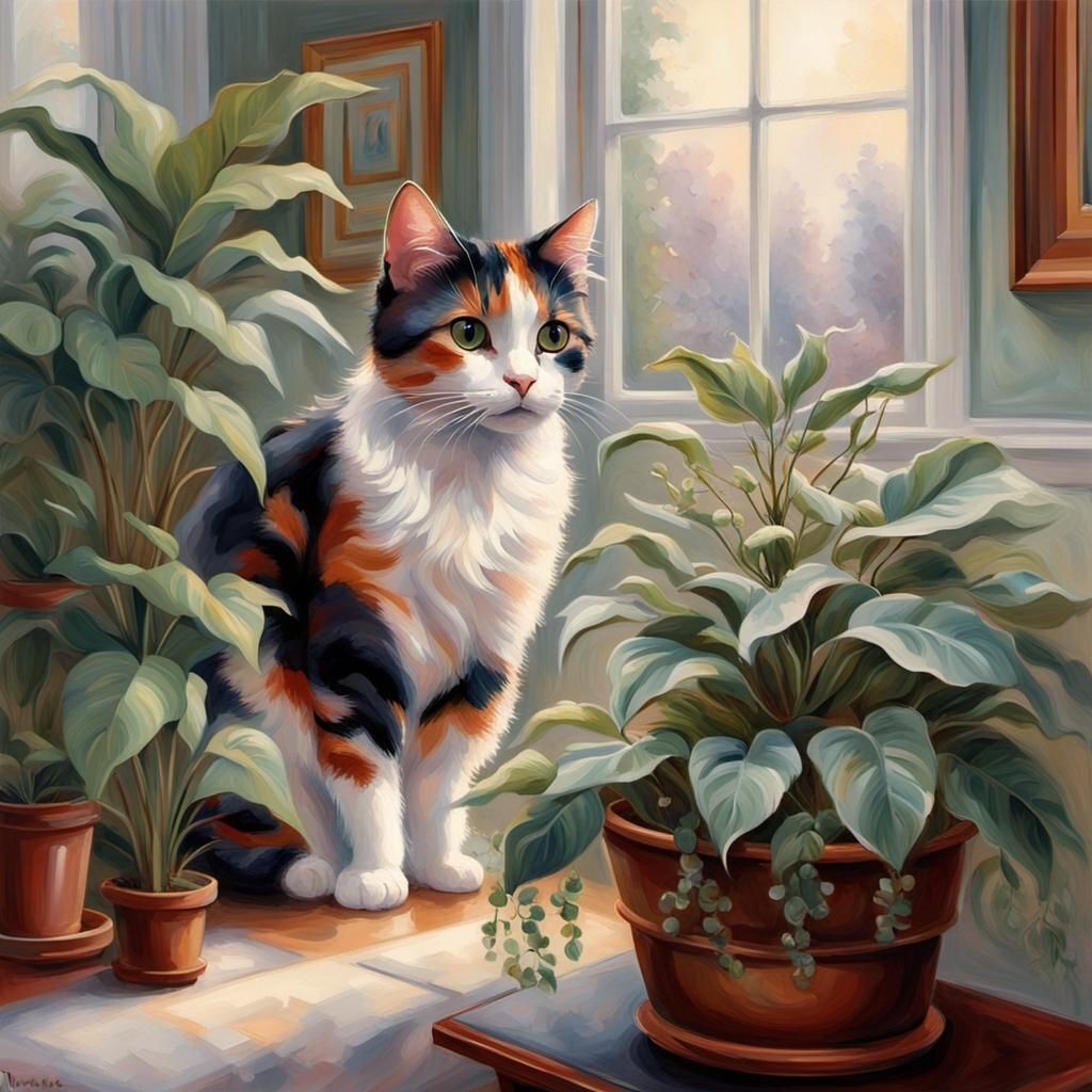 Calico Cat's Houseplant Adventure: Ethereal Fantasy Mischief