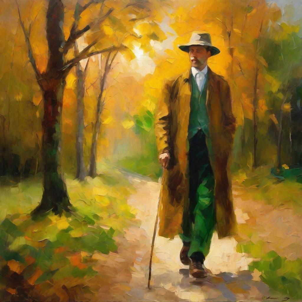 Impressionist Walker in Autumnal Forest Light