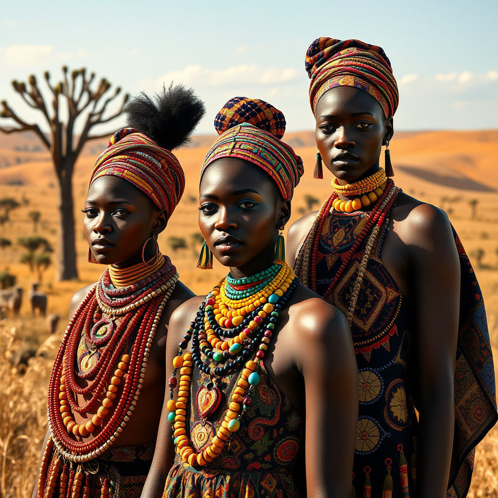 Vibrant African Models in Savannah Landscape