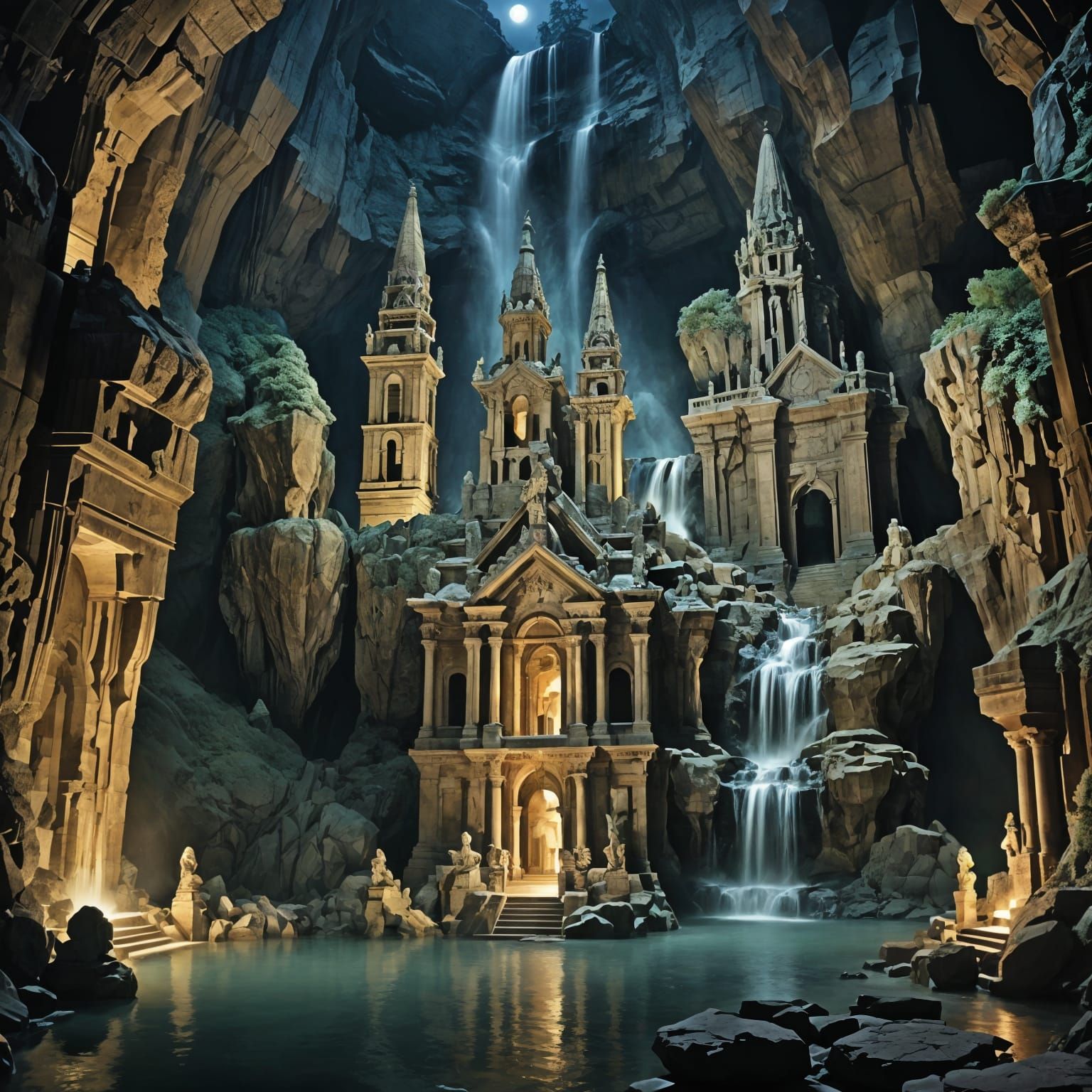 Surreal Crypt Between Waterfalls in Moonlight