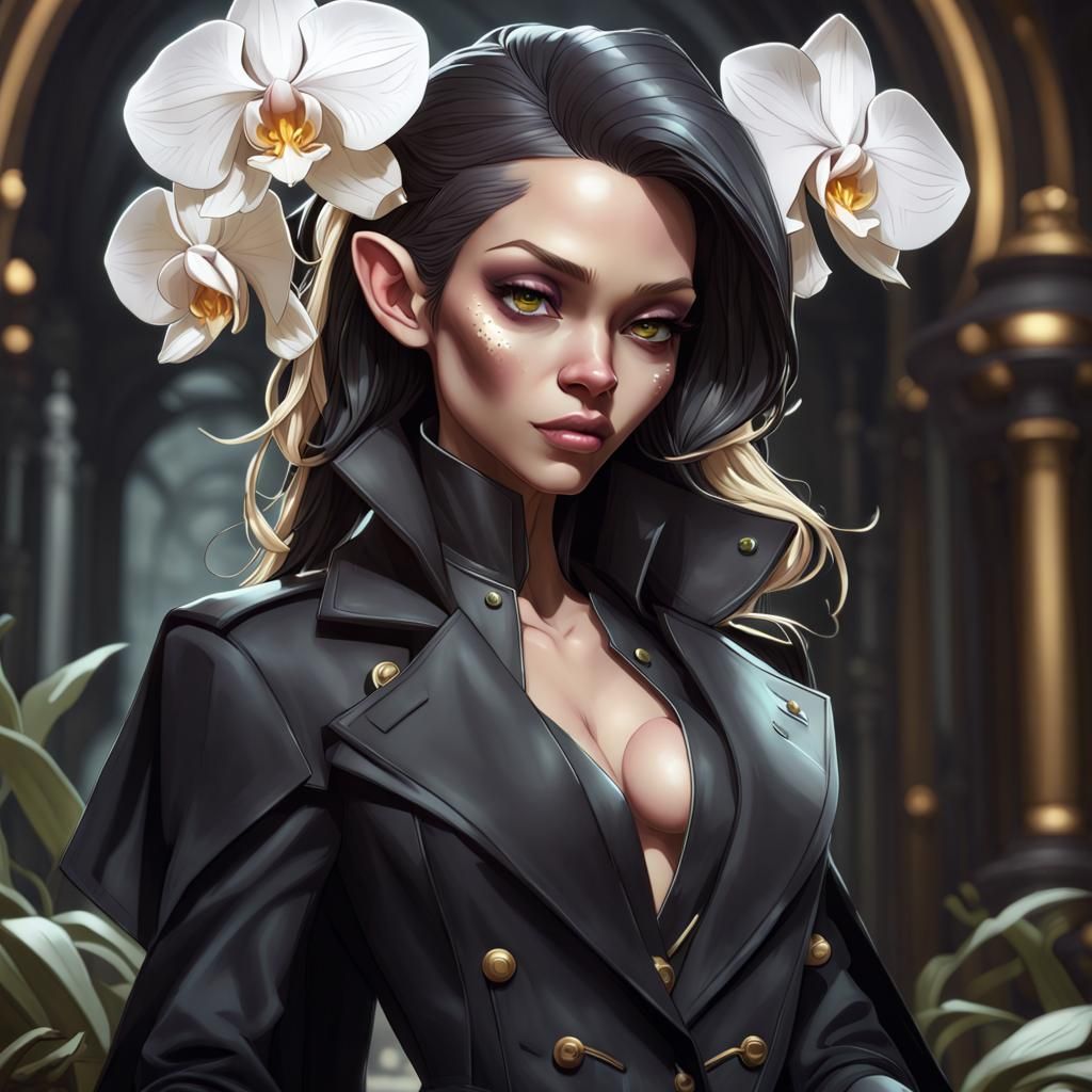 Orchid Goblin Princess in Black Suit, Detailed Portrait