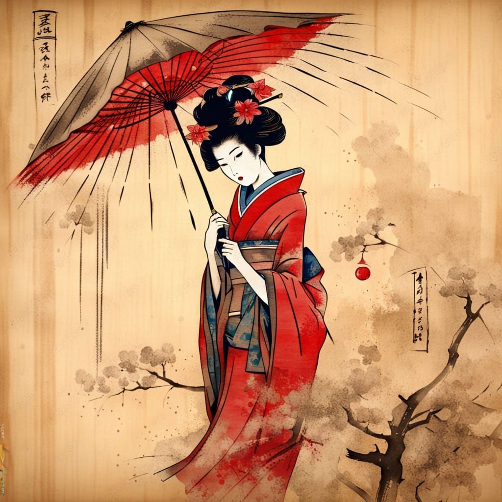 geisha with umbrella, japenese ink on old papyrus