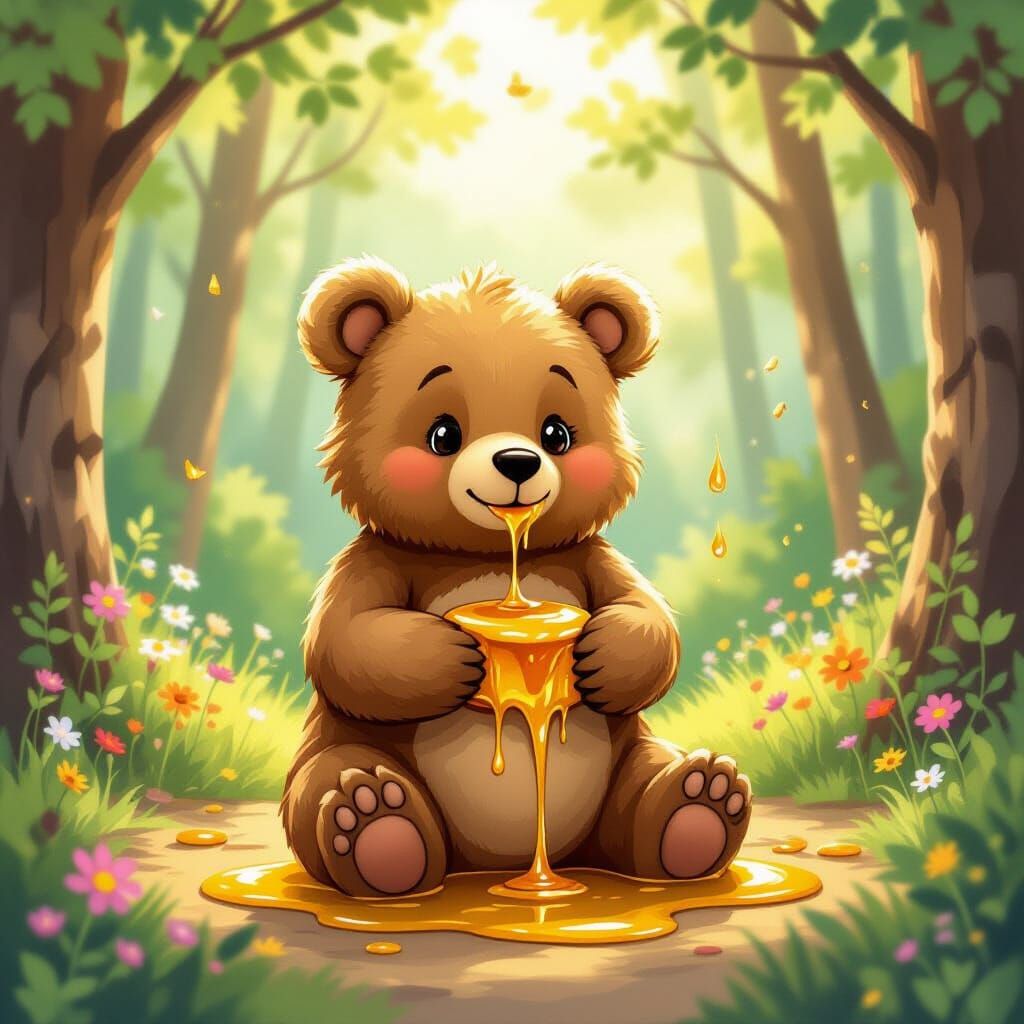 Adorable Bear Covered in Honey in Sunlit Forest